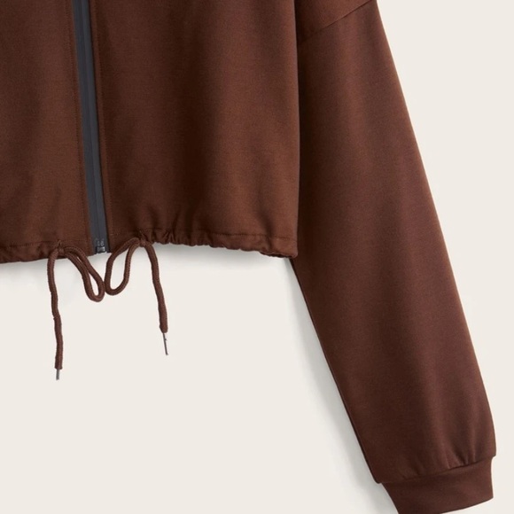 NWT zip up drawstring crop hoodie brown sweatshirt size small size 4 - Picture 3 of 4